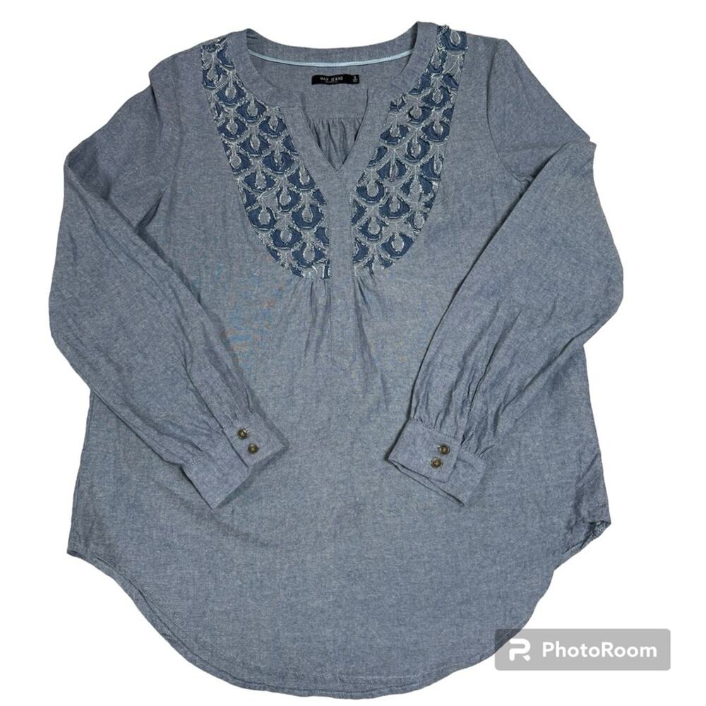 Max Jeans Women’s Pullover Top Shirt Denim Linen Blend V Neck Long Sleeve Blue S